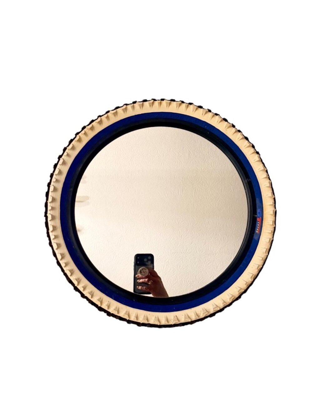 IKEA Volta Upcycled Bicycle Tire Round Mirror With Blue & Cream Rim 20” Unique